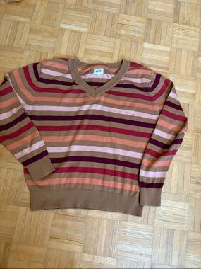 Pact  Striped V-Neck Sweater in Brown, Pink and Burgundy